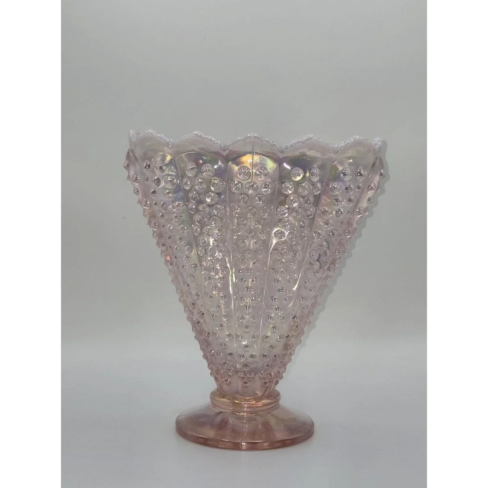 Fenton Glass 95th Anniversary Iridized Pink Opalescent Hobnail Fan‎ Vase 8